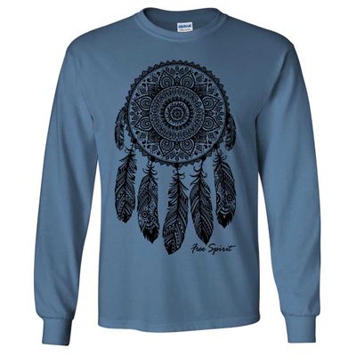 Native American Dreamcatcher Free Spirit Black Long Sleeve Shirt - Indigo Blue Small