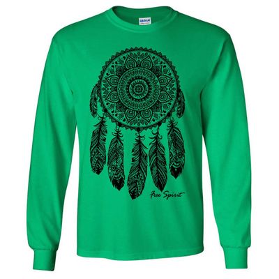 Native American Dreamcatcher Free Spirit Black Long Sleeve Shirt - Irish Green X-Large