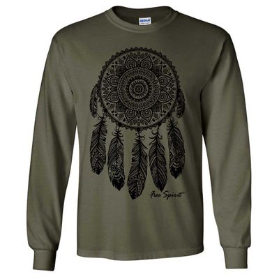 Native American Dreamcatcher Free Spirit Black Long Sleeve Shirt - Military Green Small