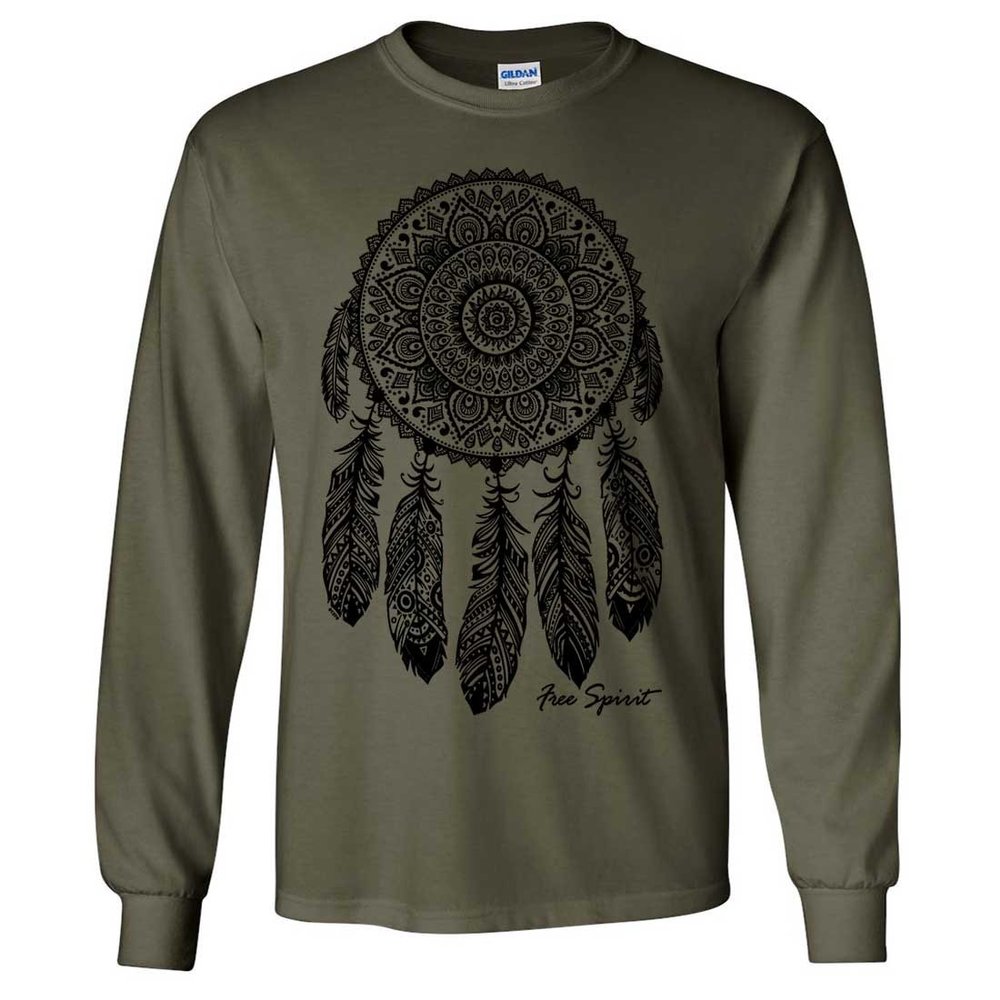Native American Dreamcatcher Free Spirit Black Long Sleeve Shirt - Military Green Small