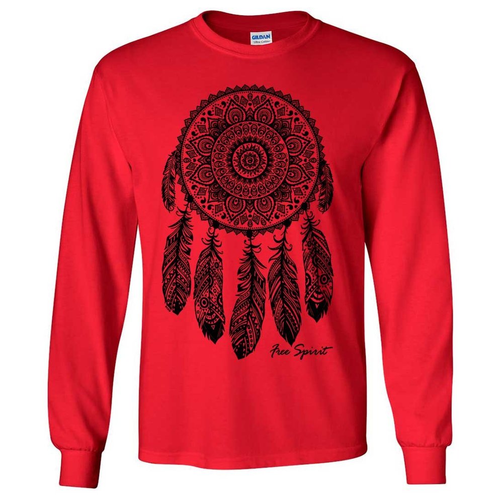 Native American Dreamcatcher Free Spirit Black Long Sleeve Shirt - Red 3X-Large