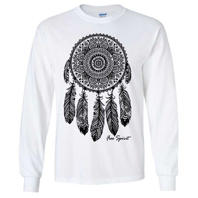 Native American Dreamcatcher Free Spirit Black Long Sleeve Shirt - White Small