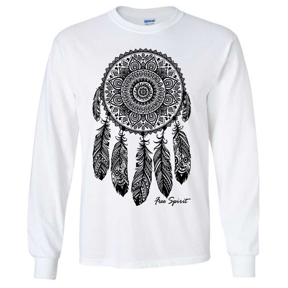 Native American Dreamcatcher Free Spirit Black Long Sleeve Shirt - White Small