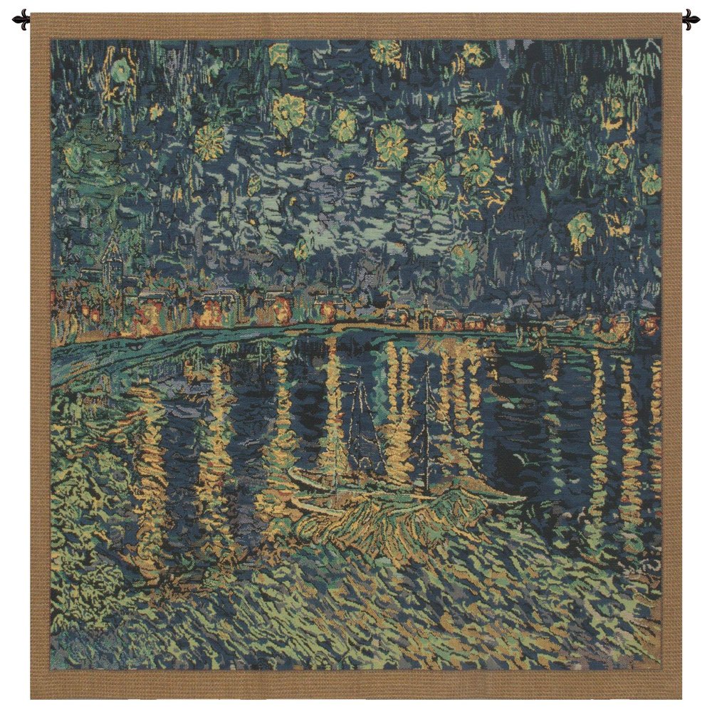 C Charlotte Home Furnishings Inc Night Over The Rhone Belgian Tapestry Wall Hanging | Viscose Cotton and Polyester Blend Wall Art | 18 in. x 21 in. | Home Decor Accents | By Vincent Van Gogh