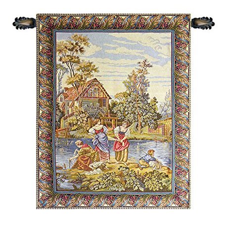 C Charlotte Home Furnishings Inc. Washing By The Lake Vertical Italian Tapestry Wall Hanging - 28 in. x 34 in. Cotton/Viscose/Polyester by Francois Boucher