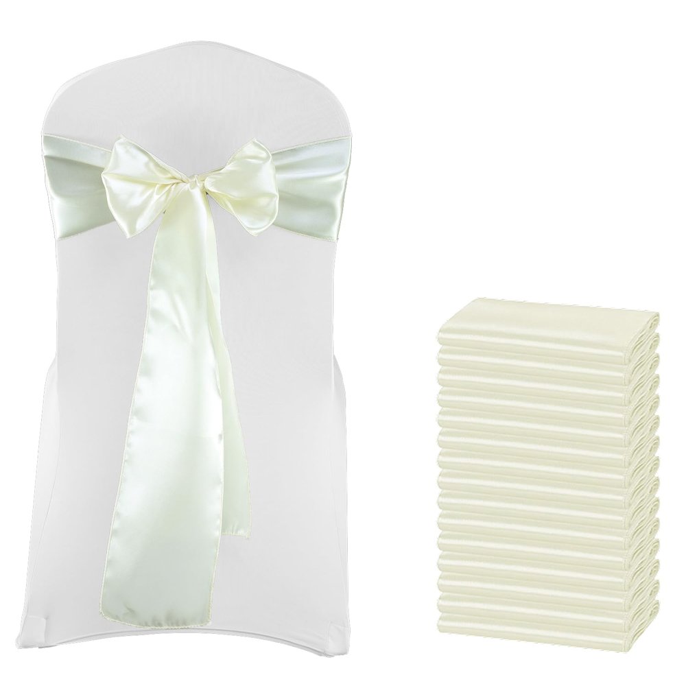 MDS Satin Chair Sashes, 100 Pack, 7x108 Each, Decorative Chair Bows Ribbon Tie Backs for Wedding Party, Holiday Dinner, Birthday, Reception, Banquet, Hotel & Event Decoration - Ivory