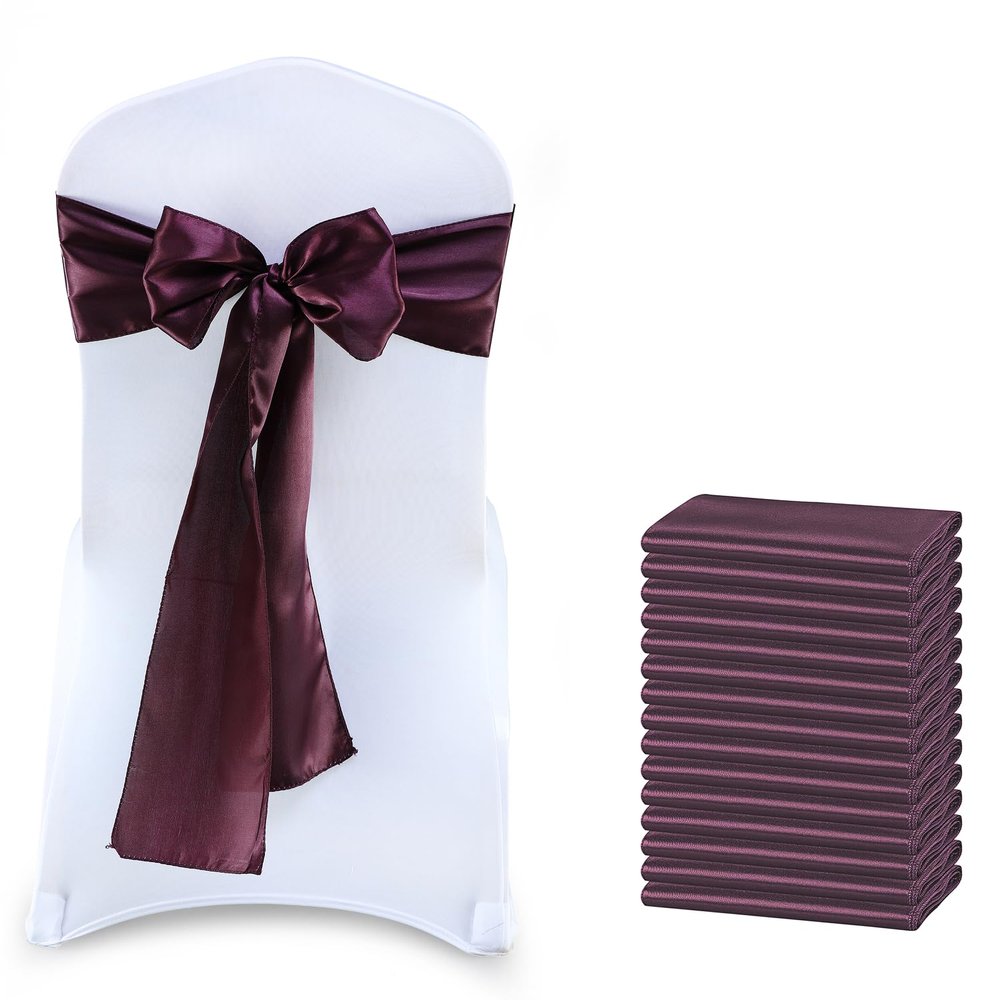 MDS Satin Chair Sashes, 125 Pack, 7x108 Each, Decorative Chair Bows Ribbon Tie Backs for Wedding Party, Holiday Dinner, Birthday, Reception, Banquet, Hotel & Event Decoration - Plum