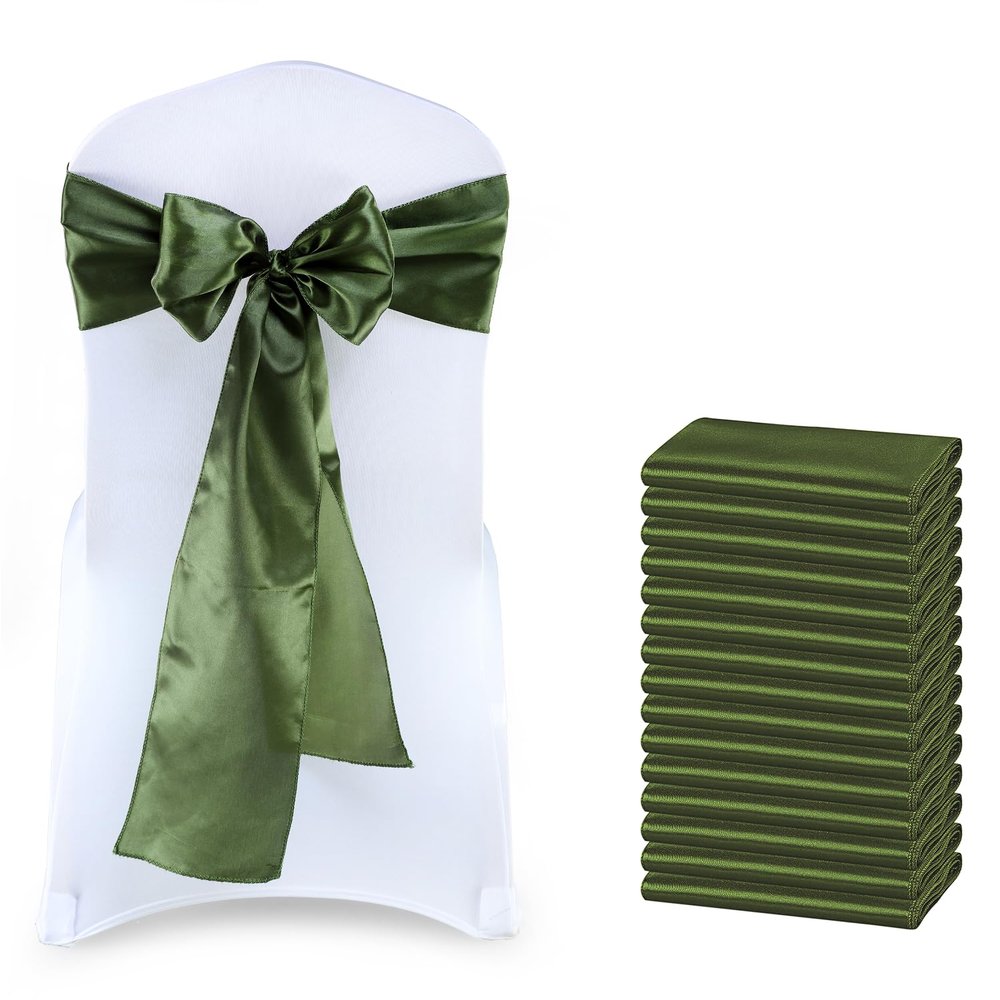 MDS Satin Chair Sashes, 150 Pack, 7x108 Each, Decorative Chair Bows Ribbon Tie Backs for Wedding Party, Holiday Dinner, Birthday, Reception, Banquet, Hotel & Event Decoration - Olive Green