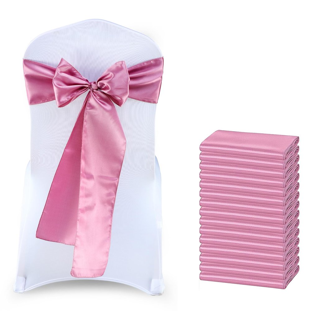 MDS Satin Chair Sashes, 150 Pack, 7x108 Each, Decorative Chair Bows Ribbon Tie Backs for Wedding Party, Holiday Dinner, Birthday, Reception, Banquet, Hotel & Event Decoration - Dusty Pink