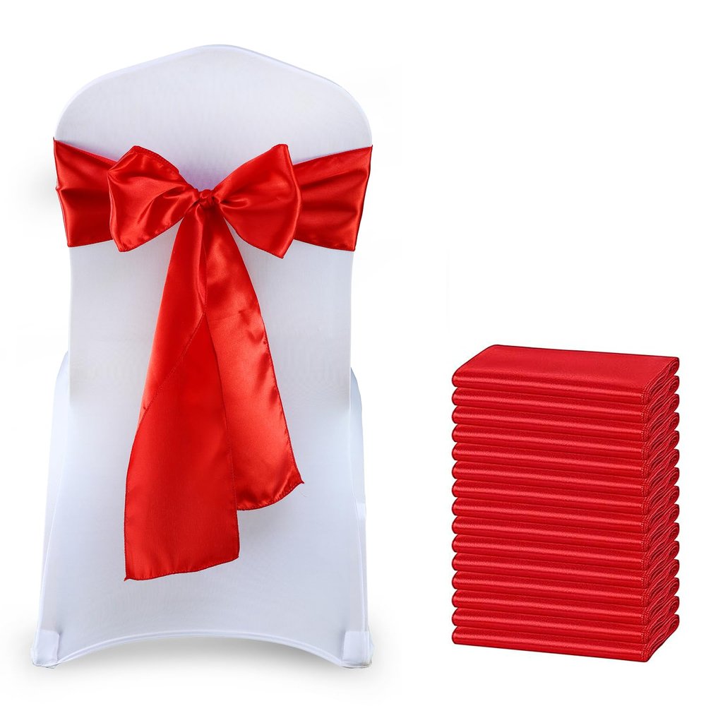 MDS Satin Chair Sashes, 125 Pack, 7x108 Each, Decorative Chair Bows Ribbon Tie Backs for Wedding Party, Holiday Dinner, Birthday, Reception, Banquet, Hotel & Event Decoration - Red