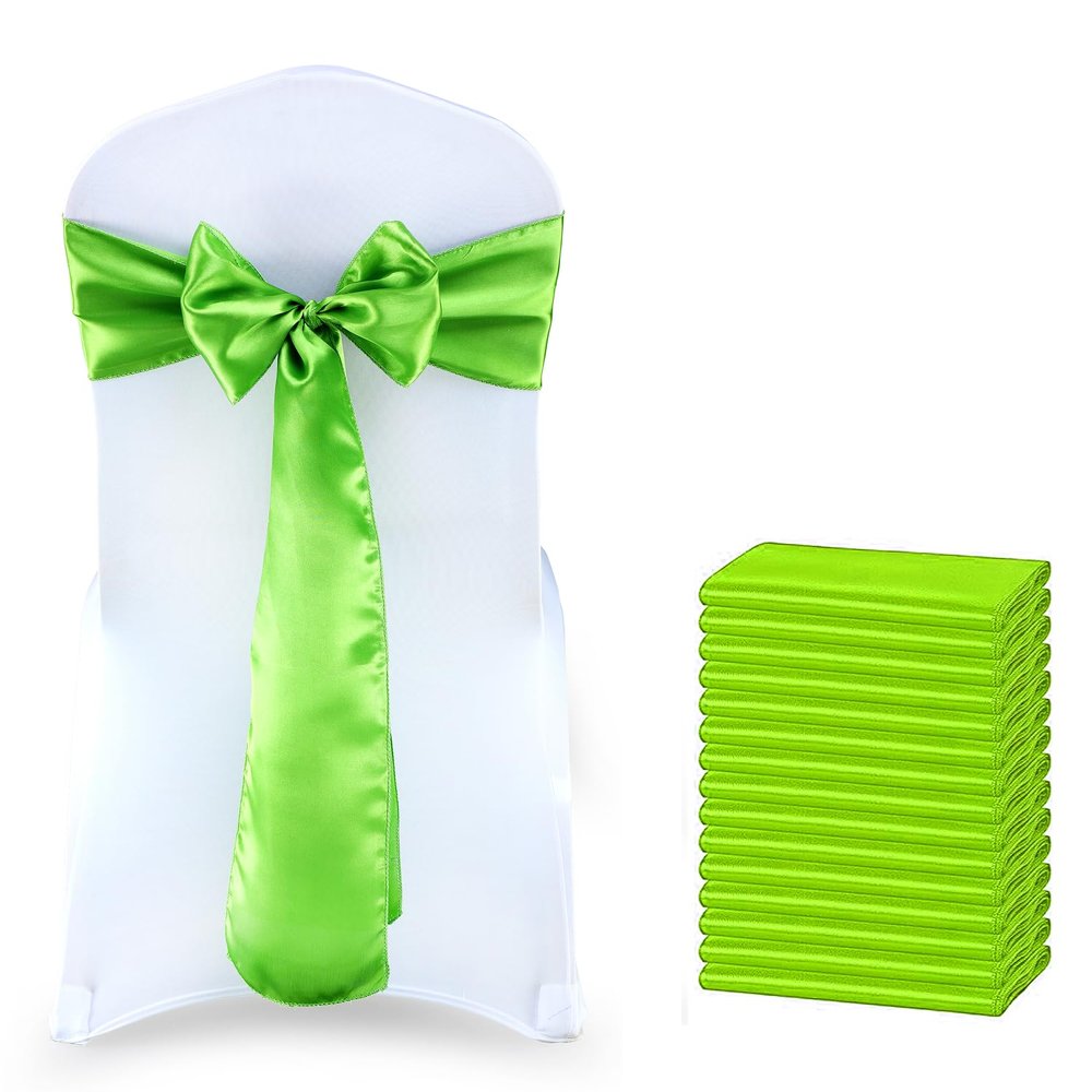 MDS Satin Chair Sashes, 150 Pack, 7x108 Each, Decorative Chair Bows Ribbon Tie Backs for Wedding Party, Holiday Dinner, Birthday, Reception, Banquet, Hotel & Event Decoration - Parrot Green