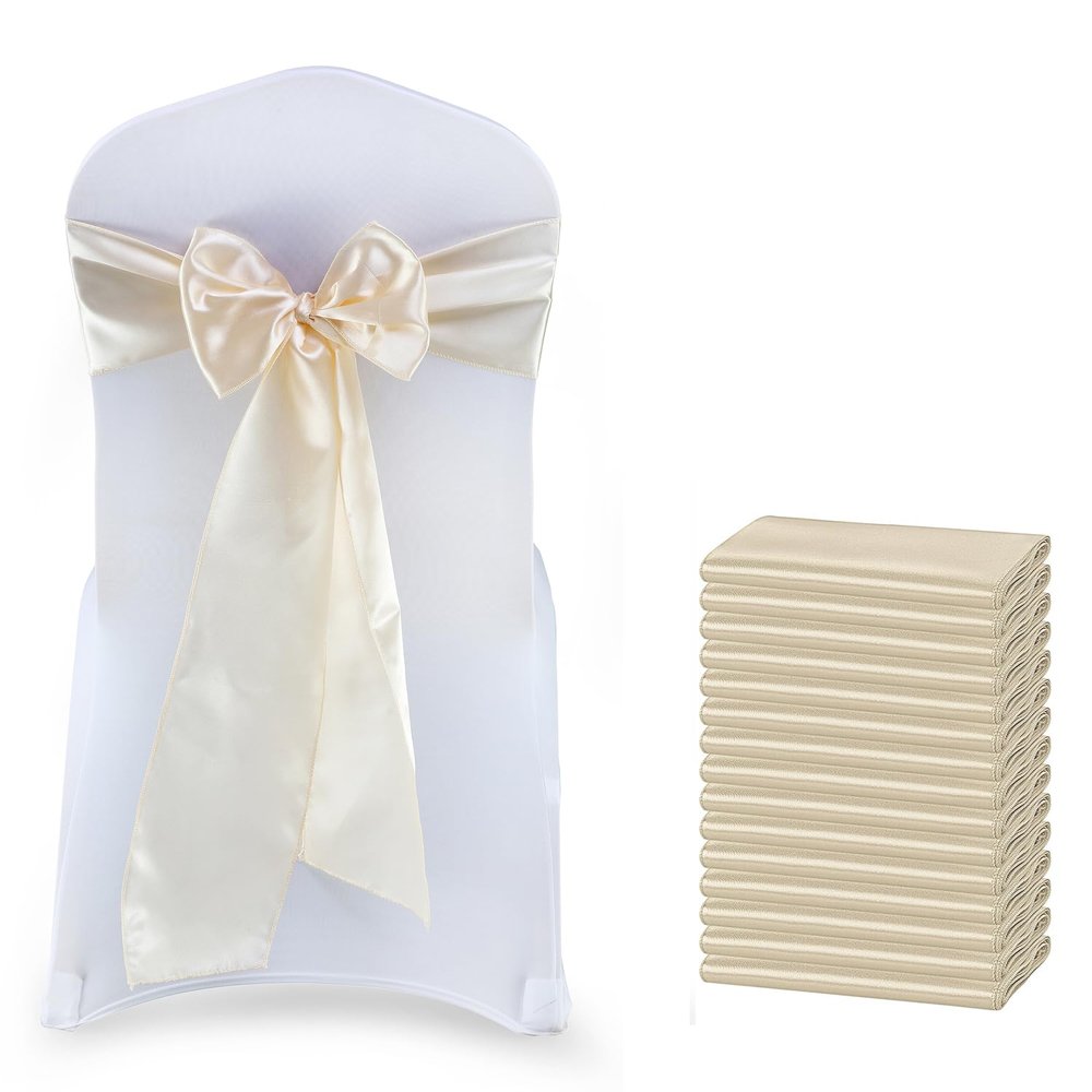 MDS Satin Chair Sashes, 150 Pack, 7x108 Each, Decorative Chair Bows Ribbon Tie Backs for Wedding Party, Holiday Dinner, Birthday, Reception, Banquet, Hotel & Event Decoration - Cream