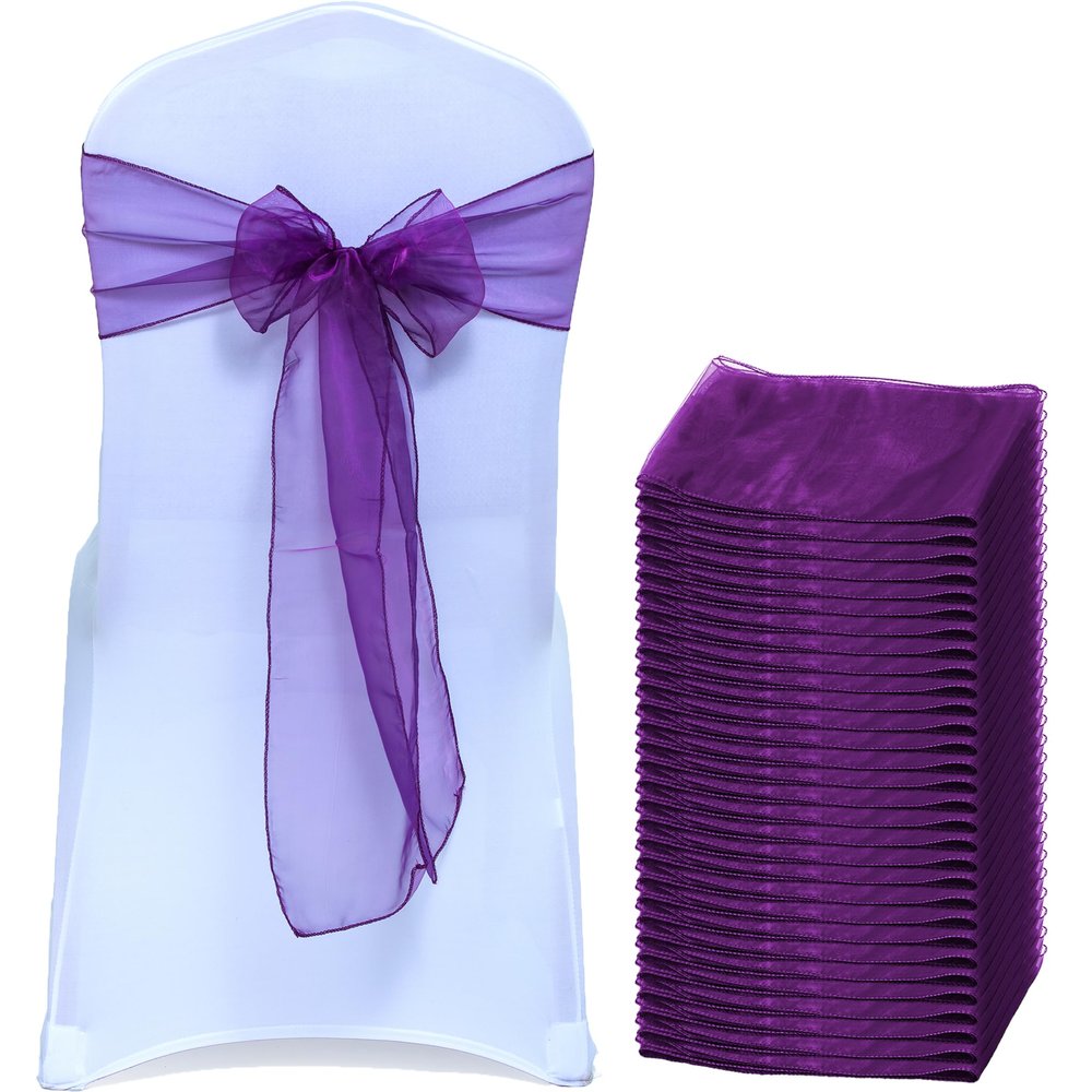 MDS Pack of 300 PCS Organza Chair Sashes Wider Dining Chair Bows Ribbon Tie Back for Wedding Party Birthday Bridal Shower Reception Event Banquet Home Chair Cover Decoration - Dark Purple