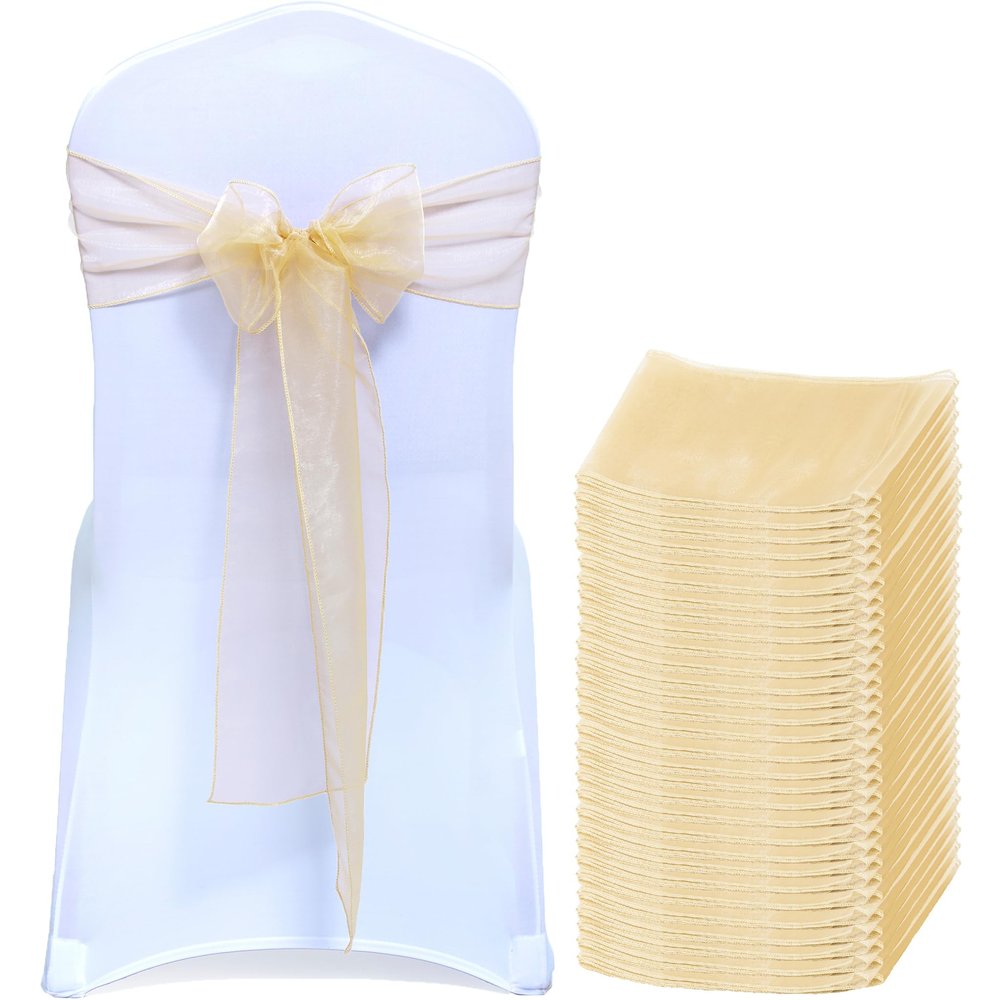 MDS Pack of 300 PCS Organza Chair Sashes Wider Dining Chair Bows Ribbon Tie Back for Wedding Party Birthday Bridal Shower Reception Event Banquet Home Chair Cover Decoration - Beige