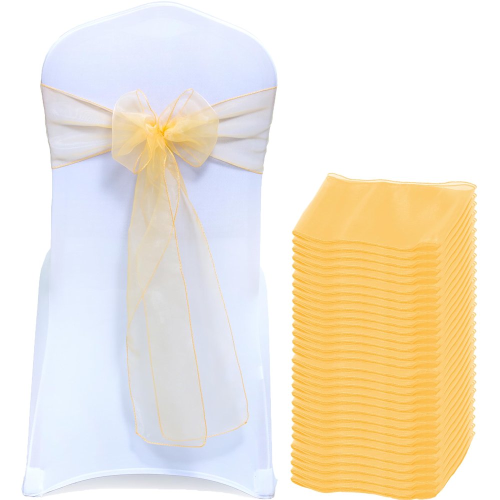MDS Pack of 250 PCS Organza Chair Sashes Wider Dining Chair Bows Ribbon Tie Back for Wedding Party Birthday Bridal Shower Reception Event Banquet Home Chair Cover Decoration - Gold