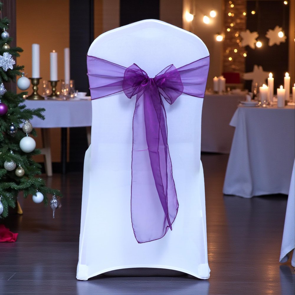 MDS Pack of 200 PCS Organza Chair Sashes Wider Dining Chair Bows Ribbon Tie Back for Wedding Party Birthday Bridal Shower Reception Event Banquet Home Chair Cover Decoration - Eggplant
