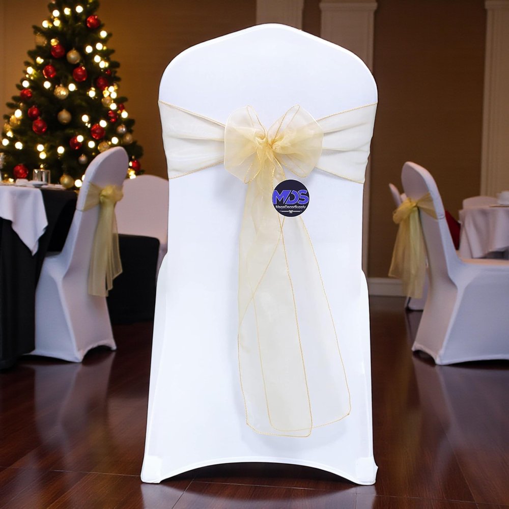 MDS Pack of 200 PCS Organza Chair Sashes Wider Dining Chair Bows Ribbon Tie Back for Wedding Party Birthday Bridal Shower Reception Event Banquet Home Chair Cover Decoration - Beige