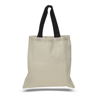 (12 Pack) 1 Dozen- Wholesale Cotton Tote Bags with Color Handles (Black)