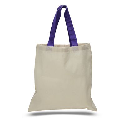 (12 Pack) 1 Dozen- Wholesale Cotton Tote Bags with Color Handles (Purple)