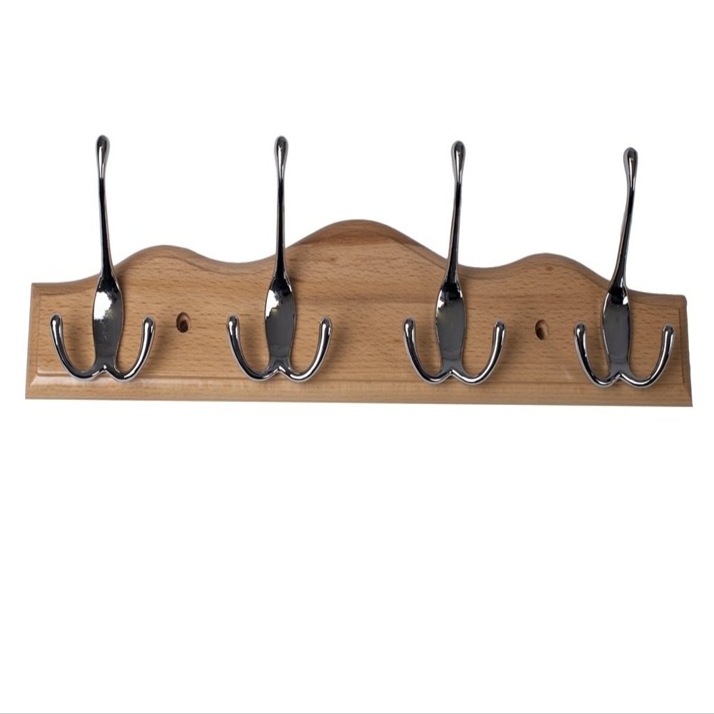 Bulk Hardware BH03925 Triple Hat and Coat Hooks x 4 Nickel Hooks on Scalloped Beech Rail