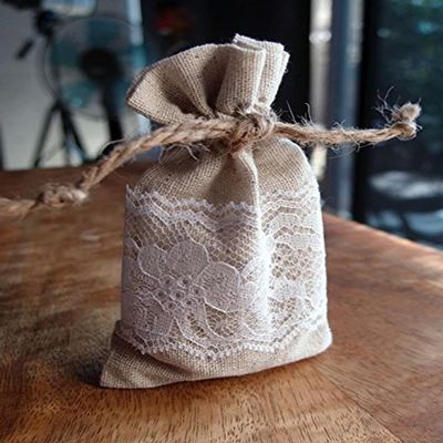 AK-Trading 3" x 5" Linen Favor Pouch Gift Bag with Lace Decor - Pack of 12
