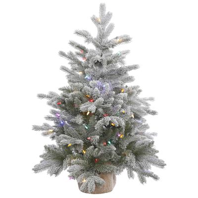 Vickerman 36" Frosted Sable Pine Artificial Christmas Tree, Multi-Colored Dura-Lit LED Lights. - Faux Sable Pine Christmas Tree - Burlap Base - Seasonal Indoor Table Top Home Decor
