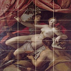 Allegory of Peace, Art, and Abundance by Hans von Aachen - 28 Tile Art Mural, Kitchen Shower Bath Backsplash (16"w X 28"h - 4x4 Tumbled Marble Tile w/Satin Matte Finish)