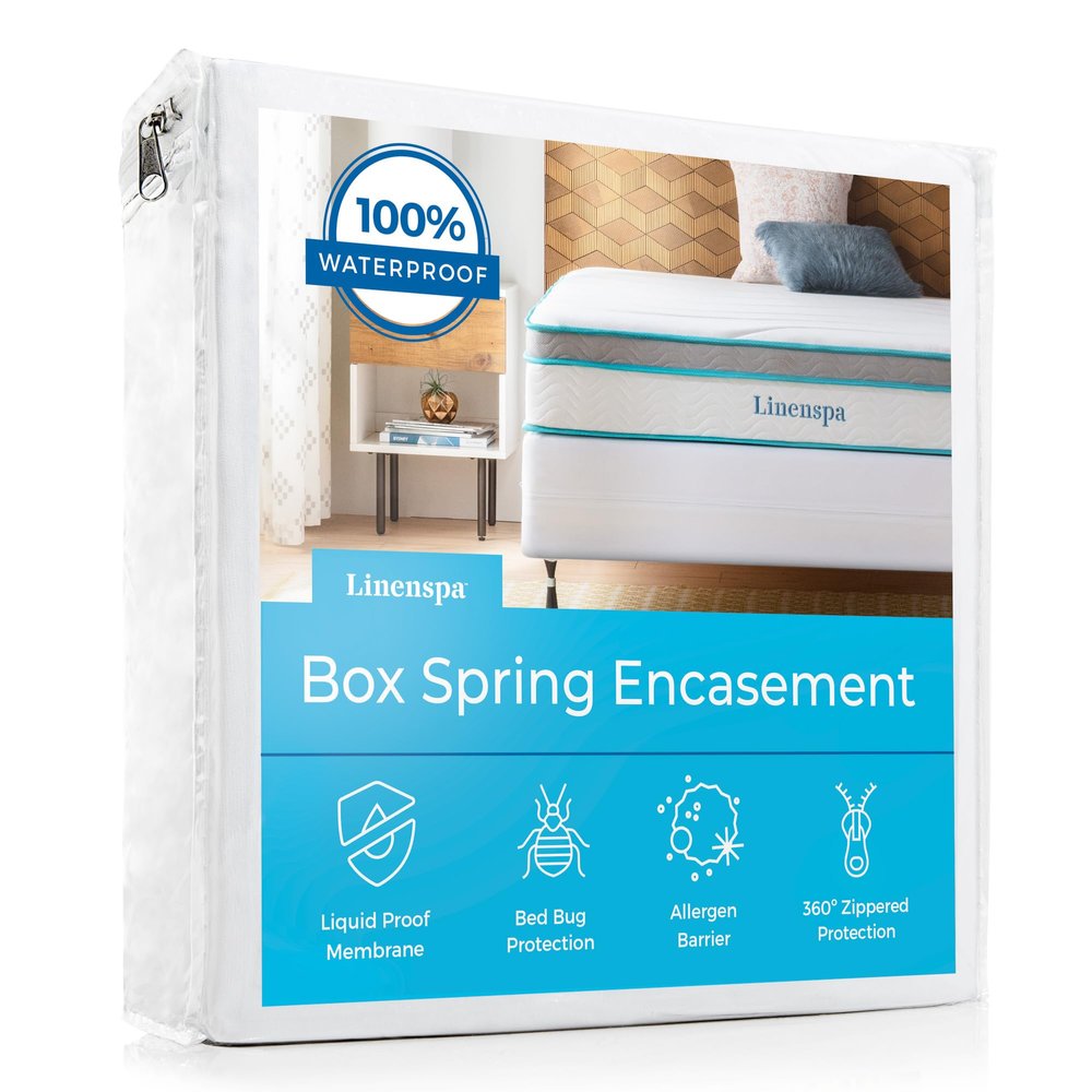 Linenspa Box Spring Encasement Twin XL Size Box Spring Cover Zippered and Waterproof Protector, Complete Protection White