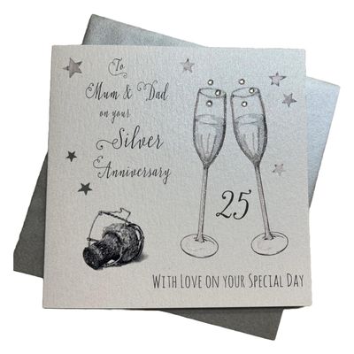 WHITE COTTON CARDS "to Mum & Dad On Your Silver Anniversary with Love On Your Special Day Handmade 25th Anniversary Card
