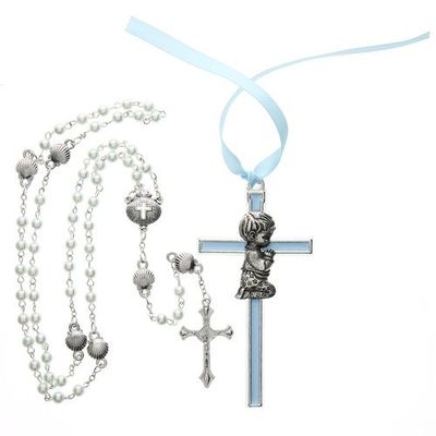 Blue Crib Cross and Blue Rosary Set Boxed