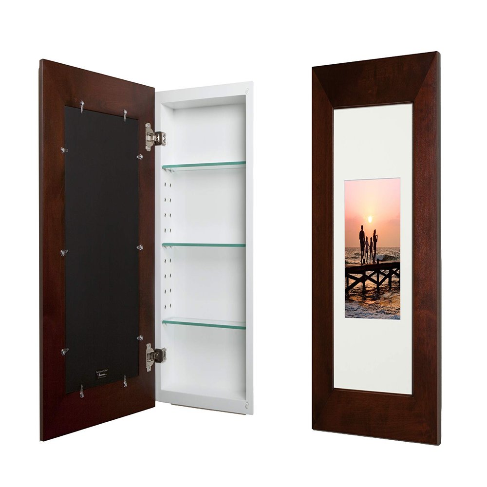 Fox Hollow Furnishings 14x24 Concealed Picture Frame Medicine Cabinet Without Mirror for Bathroom, Recessed in The Wall, Made in North America, Real Wood, NO MDF, Adjustable Shelves, Hidden, Espresso