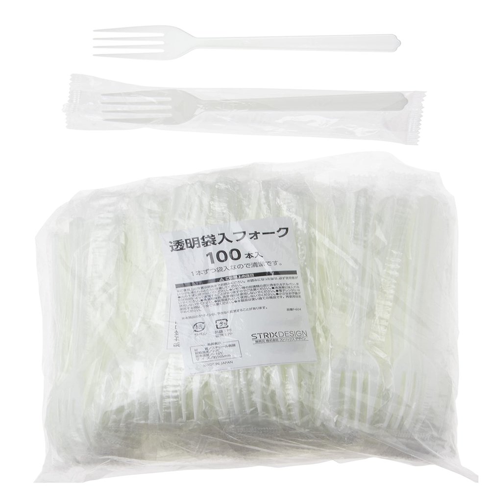 Strix Design F-604 Disposable Forks, Transparent Bag, 100 Pieces, Ivory, 6.5 inches (16.5 cm), Made in Japan, Commercial Use, Large Capacity, Individually Packaged, Hygienic Disposable Cutlery
