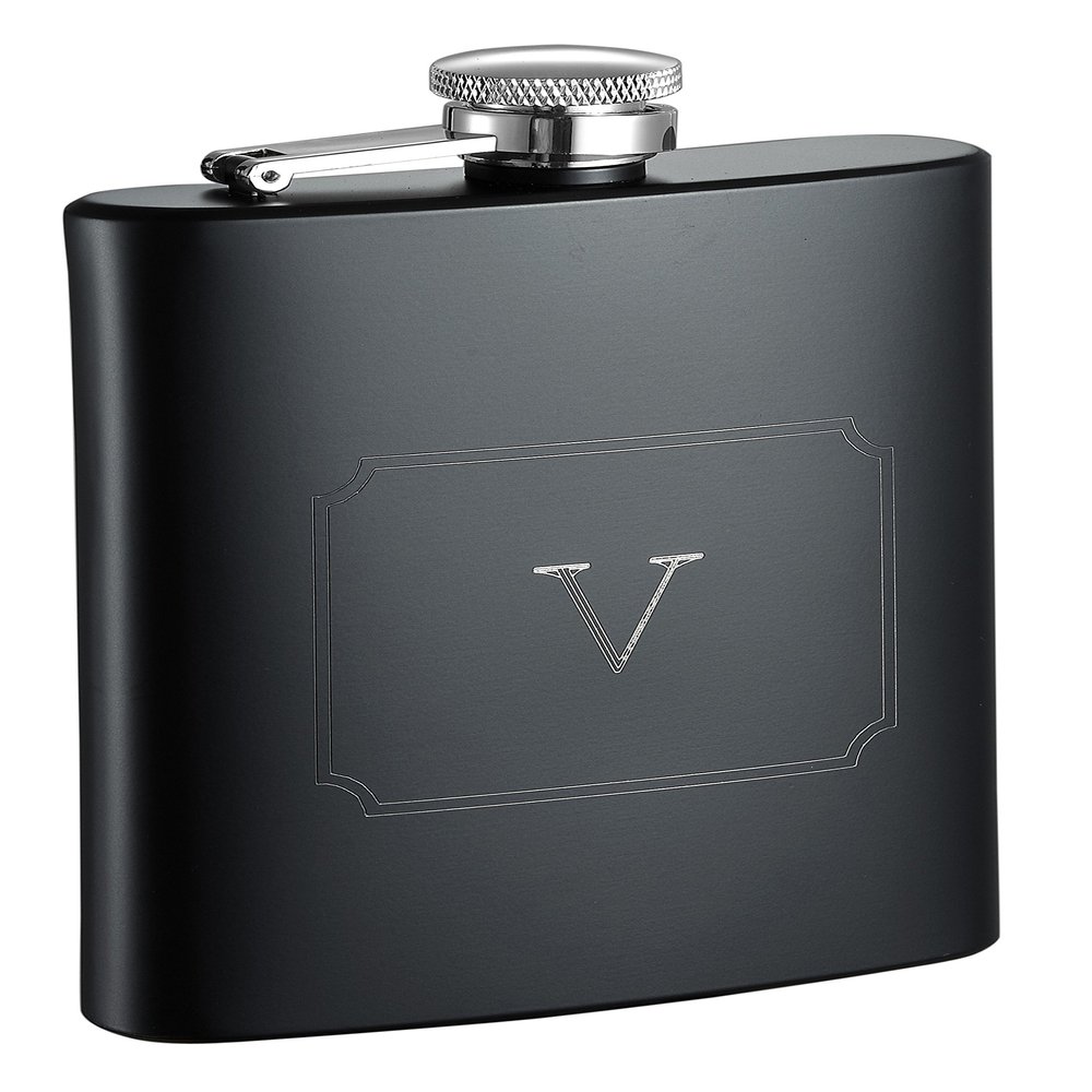 Visol Raven Personalized Flask with Initial Engraved, Monogram V, Black