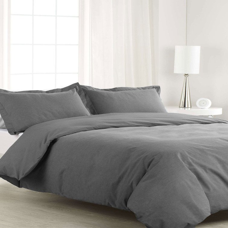 200 Thread Count 3 Piece King/Cal King Size Duvet Cover Set 100% Egyptian Cotton Premium Quality Solid Pattern Dark Gray