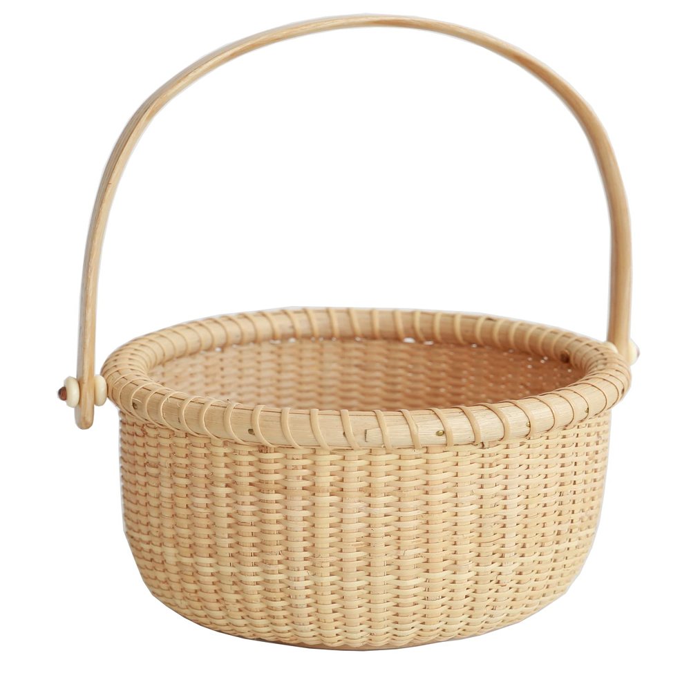 Teng Tian Classic Nantucket Round baskets with wood Knobs HandleWoven Basket Container Tote Cube Organizer Handwoven rattanStorage Fruit Basket