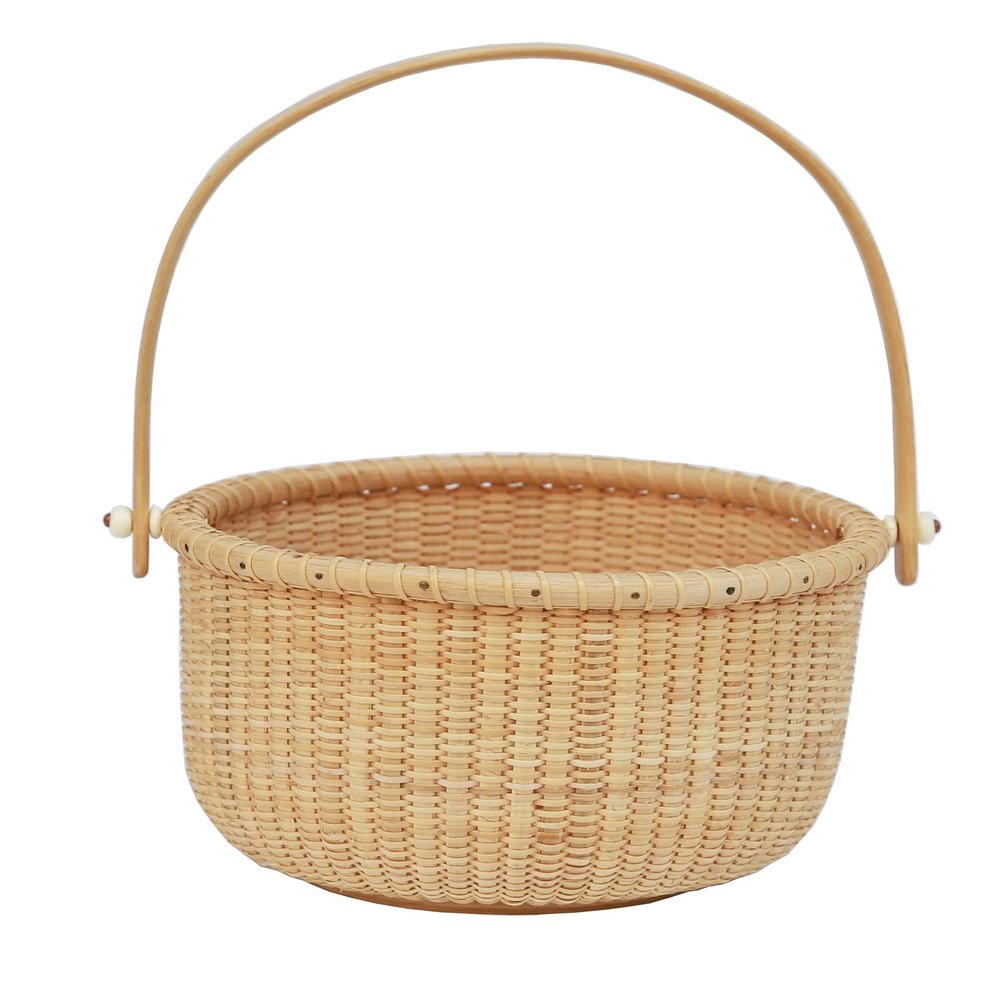 Teng Tian Classic Nantucket Round baskets with wood Knobs HandleWoven Basket Container Tote Cube Organizer Handwoven rattanStorage Fruit Basket