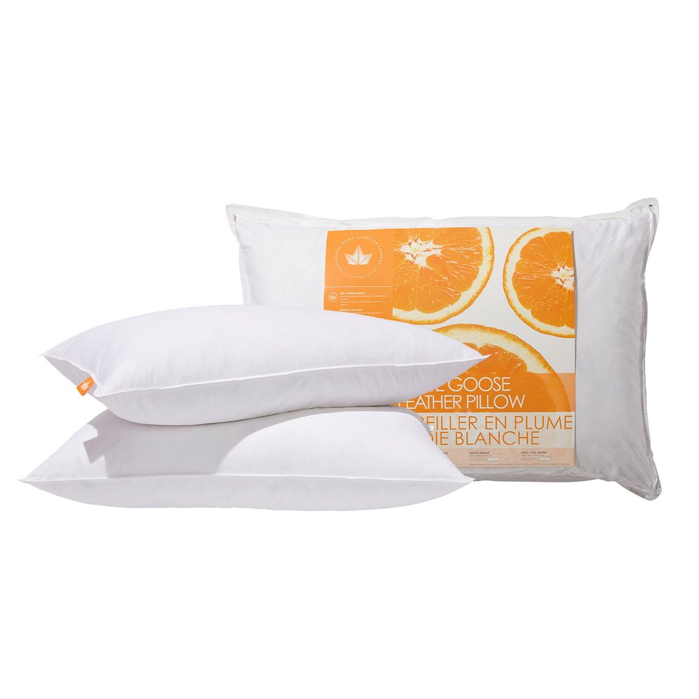 Canadian Down & Feather Co. 2 Pack Medium Support White Goose Feather Pillow Standard Size 255 TC Shell 100% Cotton Filled in Canada