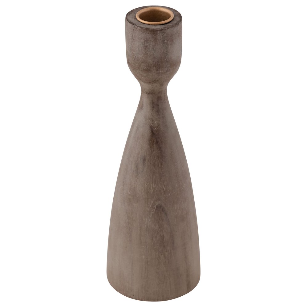 Karma, Acacia Wood Turned Candle Holder, Wooden Rounded Turned Candle Holders, Large Gray