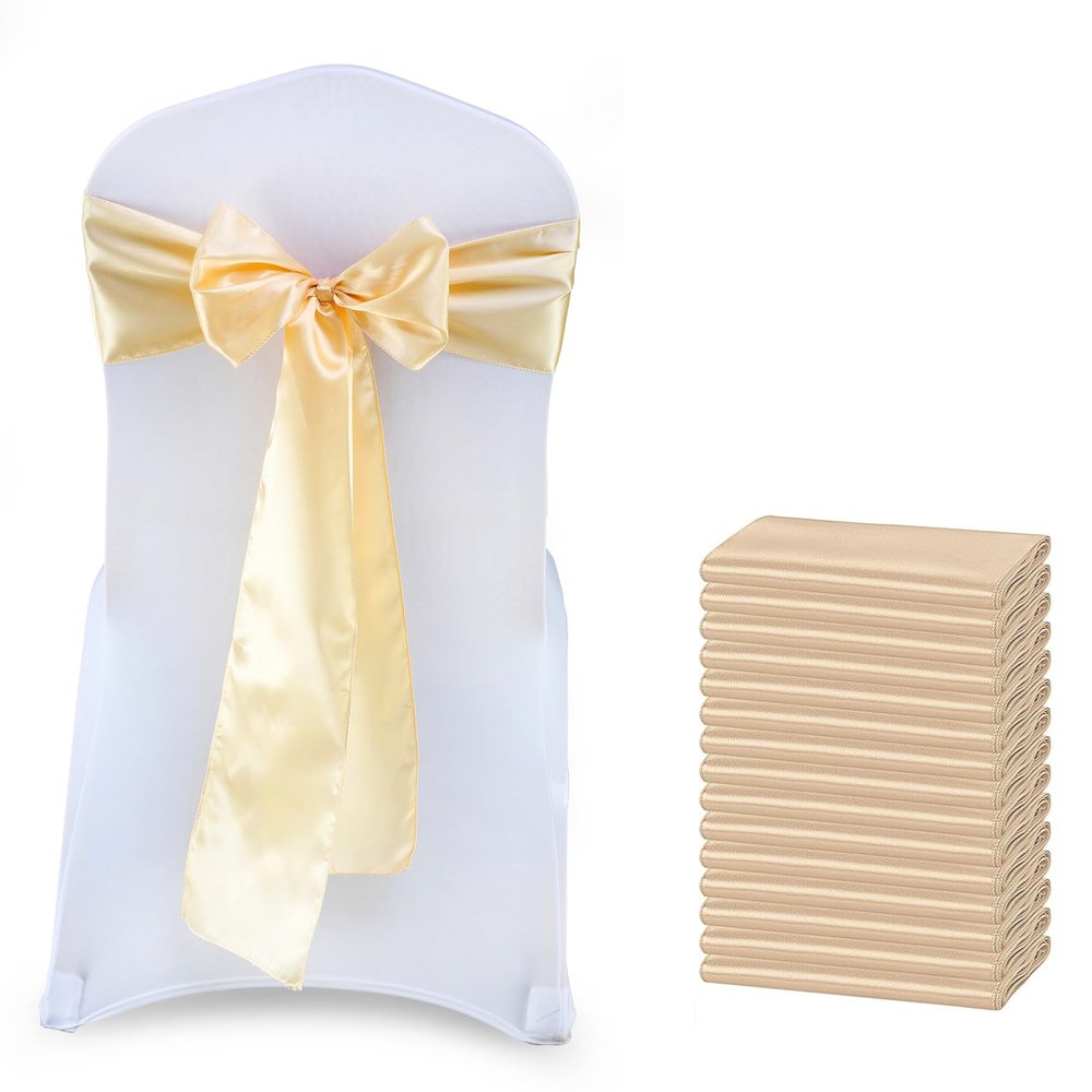 MDS Satin Chair Sashes, 125 Pack, 7x108 Each, Decorative Chair Bows Ribbon Tie Backs for Wedding Party, Holiday Dinner, Birthday, Reception, Banquet, Hotel & Event Decoration - Champagne