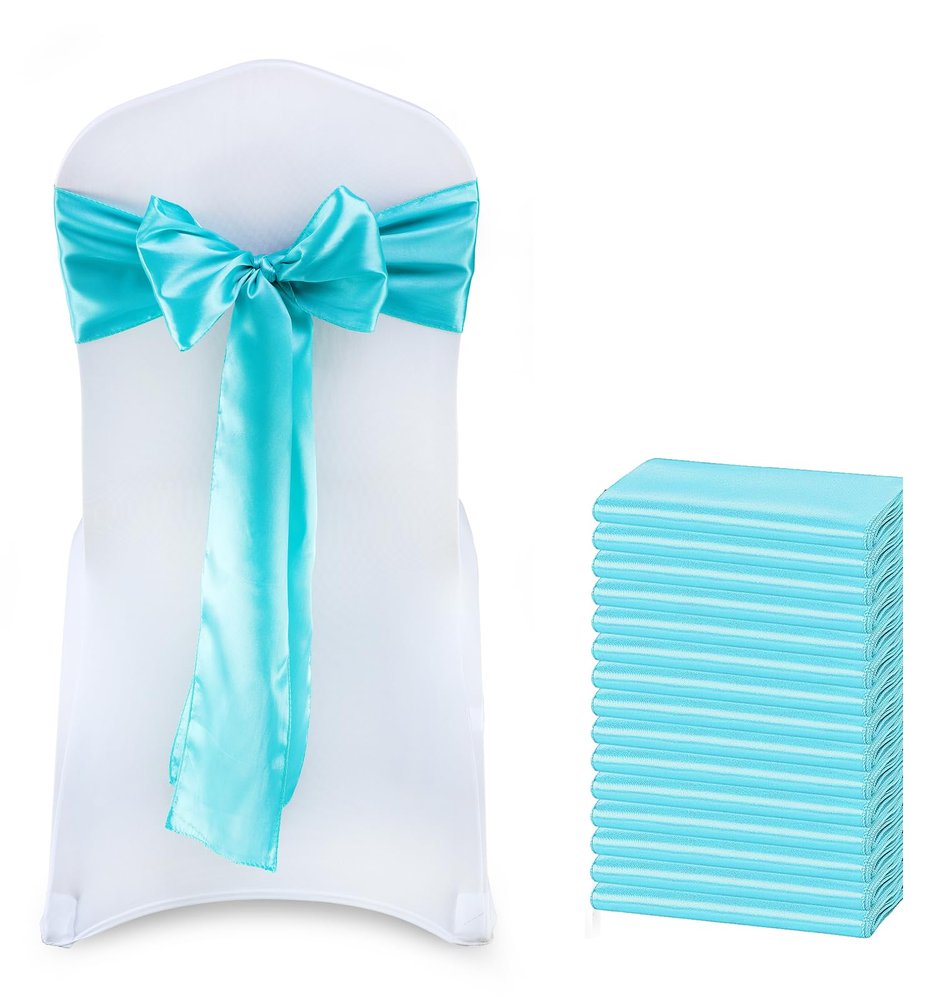 MDS Satin Chair Sashes, 125 Pack, 7x108 Each, Decorative Chair Bows Ribbon Tie Backs for Wedding Party, Holiday Dinner, Birthday, Reception, Banquet, Hotel & Event Decoration - Teal