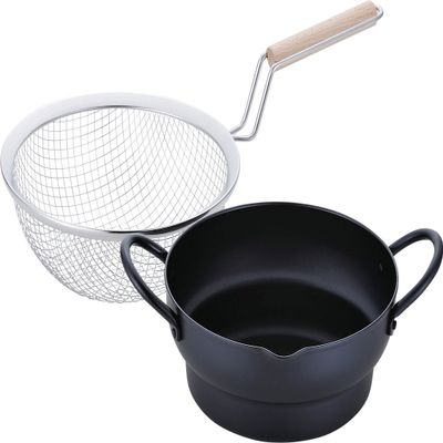 Wahei Freiz SM-9548 Cookware Set, Deep Frying, Oil Slicer, Tempura Pot, 7.1 inches (18 cm) & Wooden Handle Fryer Set, Saishokuan, Induction Compatible, Iron