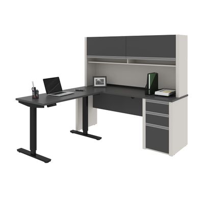 BESTAR Connexion L-Desk with Hutch Including Electric Height Adjustable Table, Slate/Sandstone