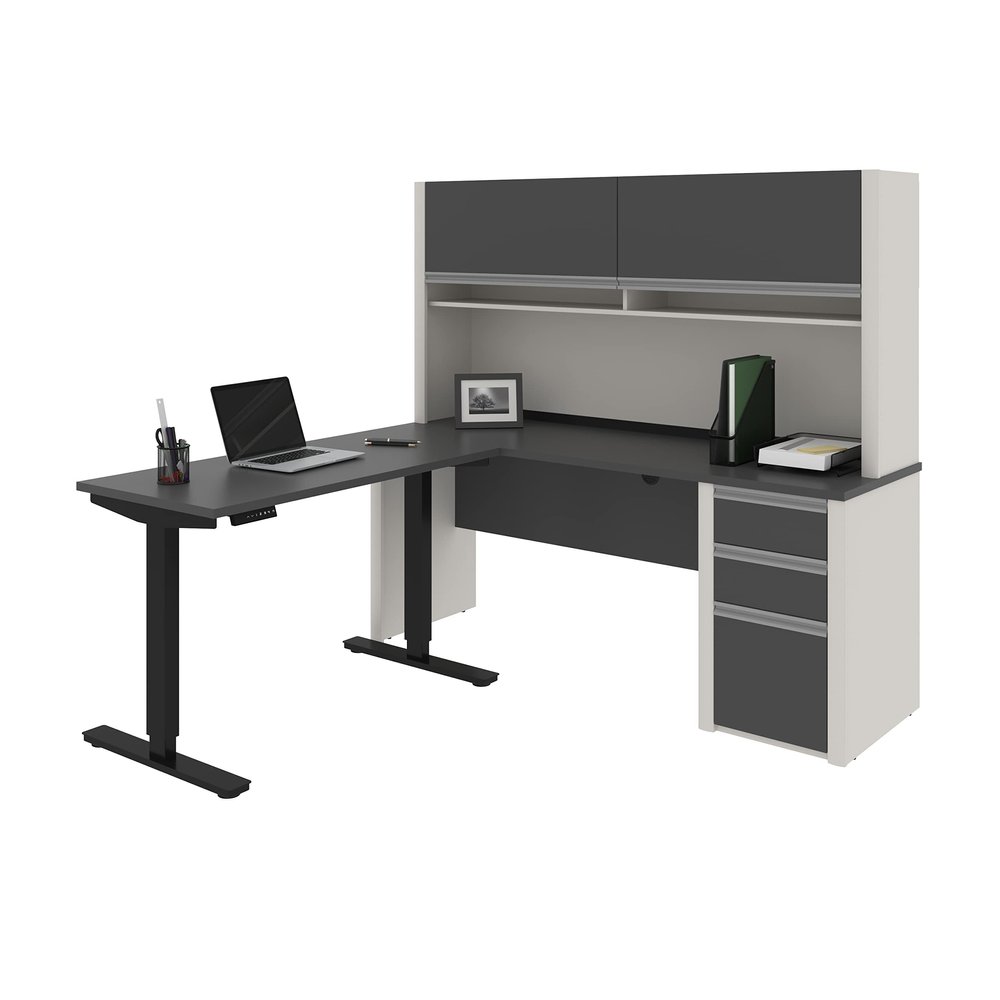 BESTAR Connexion L-Desk with Hutch Including Electric Height Adjustable Table, Slate/Sandstone
