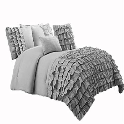 580 Thread Count 3 Piece Premium Waterfall Half Ruffle Duvet Cover Set with Matching Pillow Shams Full XL 100% Egyptian Cotton Light Gray