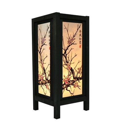 Cherry Blossom White Black Pink Painting 11" Wood Bedside or Table Lamp Japanese Oriental Collectible Handmade Asian Vintage Lighting for Home Dcor
