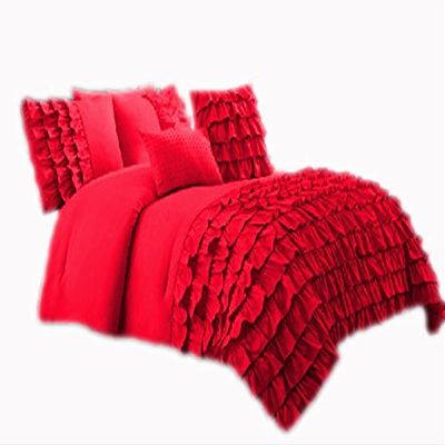 600 Thread Count 3 Piece Premium Waterfall Half Ruffle Duvet Cover Set with Matching Pillow Shams Full XL 100% Egyptian Cotton Blood Red