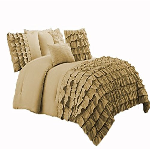 600 Thread Count 3 Piece Premium Waterfall Half Ruffle Duvet Cover Set with Matching Pillow Shams Full XL 100% Egyptian Cotton Tan
