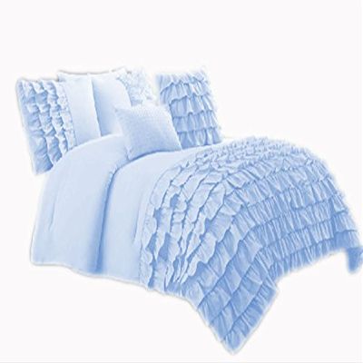 580 Thread Count 3 Piece Premium Waterfall Half Ruffle Duvet Cover Set with Matching Pillow Shams Full/Queen 100% Egyptian Cotton Light Blue