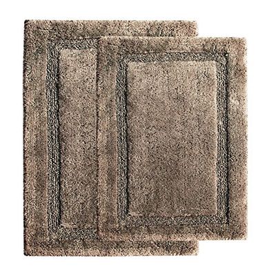 Saffron Fabs 2 Piece Bath Rug Set, 100% Soft Cotton, Size 34x21 Inch and 36x24 Inch, Latex Spray Non-Skid Backing, Solid Gray, Textured Border, Hand Tufted, Heavy 190 GSF Weight, Machine Washable