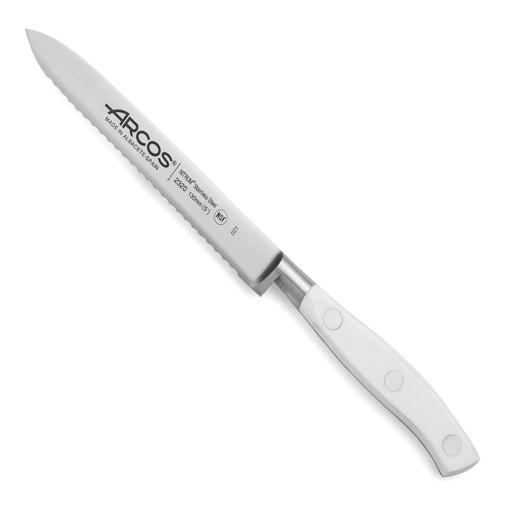 Arcos Forged Knife Serrated 5 Inch Nitrum Stainless Steel and 130 mm blade. Ergonomic Polyoxymethylene POM Handle. Series Riviera Blanc. Color White